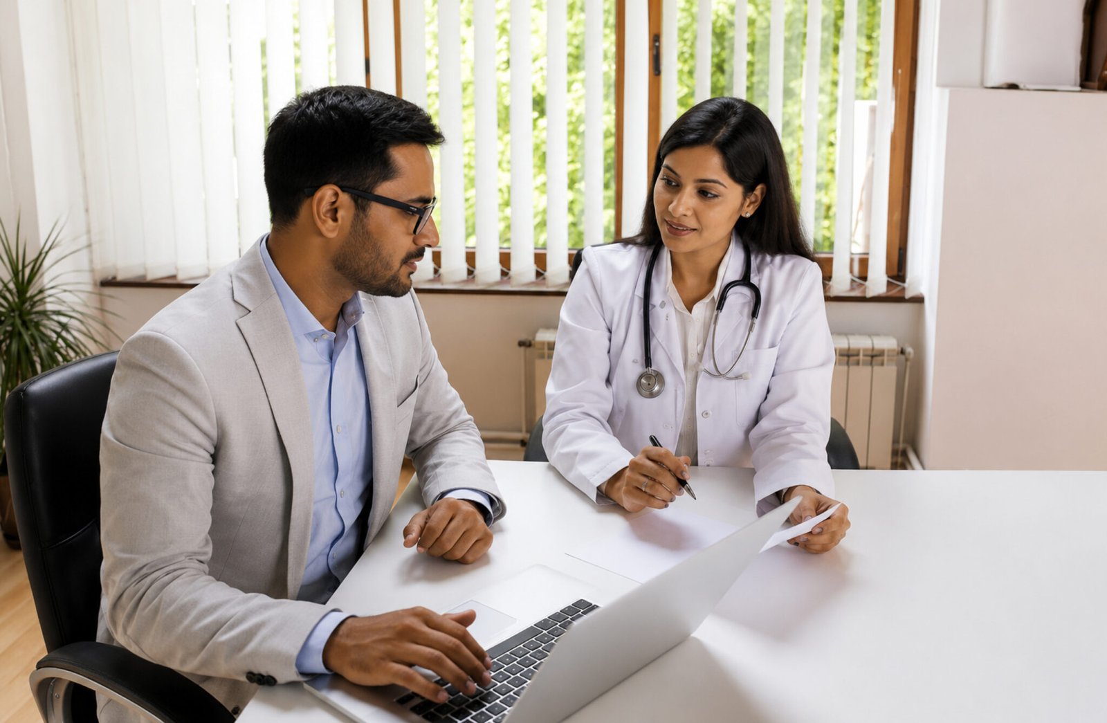 Alt Text Digital marketing for hospitals consultant presenting strategies on a laptop to a female doctor in a white lab coat.
